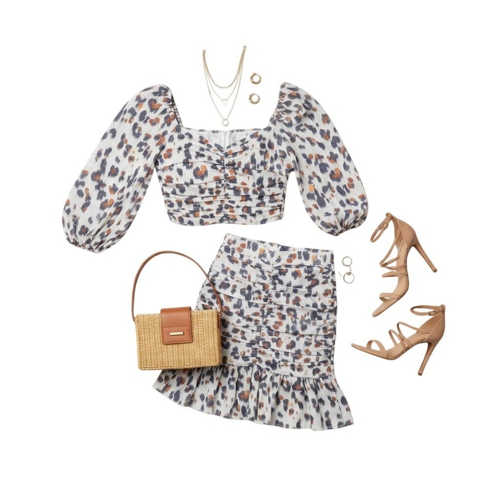 Nocturne Top and Mini Skirt Set Womens XS Abstract Animal Print Ruched